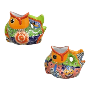 Vintage Mexican Talavera Blue Orange Hand Painted Pottery Fish Planters - a Pair