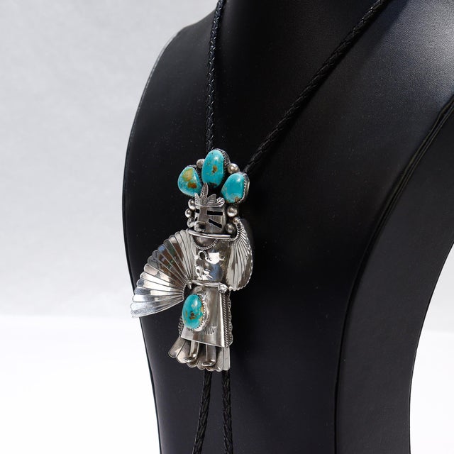 Metal Zuni Sterling Silver & Turquoise Cabochon Kachina Bolo Tie For Sale - Image 7 of 18