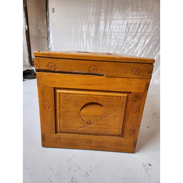 Wood Mid 20th Century Asian Hand Carved Wooden Trunk - Hope Chest For Sale - Image 7 of 13