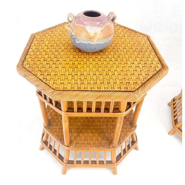 1970s Cane Bamboo Rattan Octagon Shape 2 Tier End Side Lamp Occasional Table For Sale - Image 5 of 9