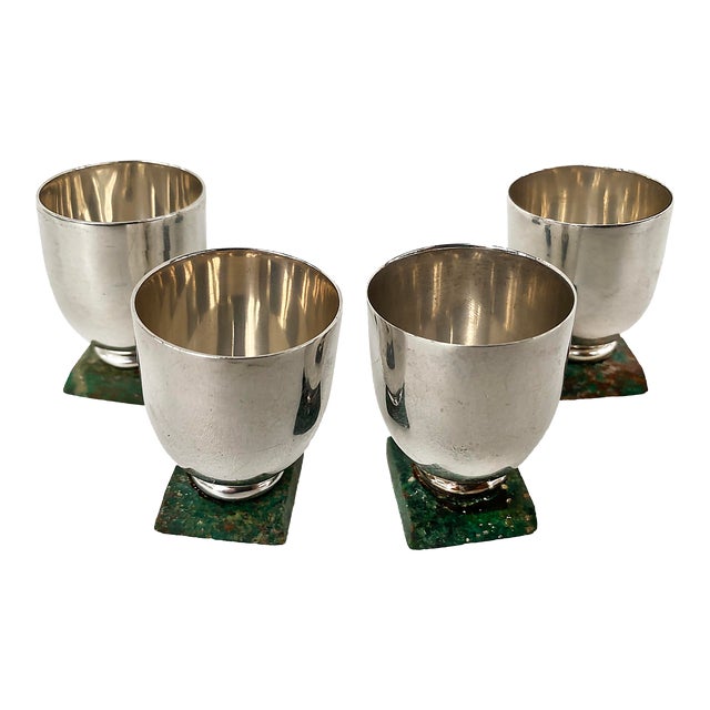 Mexican Sterling Silver Shot Glasses W Stone Bases- Set of 4 For Sale
