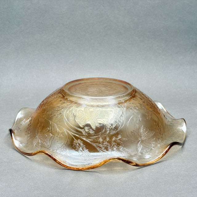 Vintage Jeannette Glass Co. Iridescent Marigold Glass “Floragold or Louisa” Ruffled Bowl With Impressed Florals For Sale In New York - Image 6 of 9