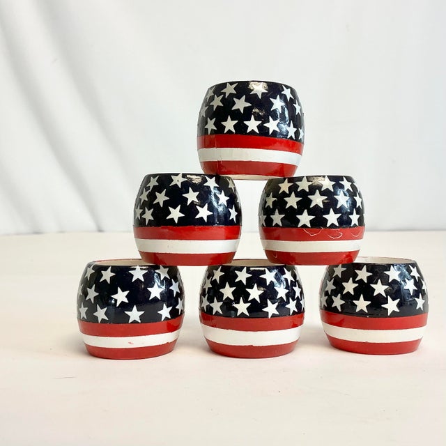Wood Vintage Americana Arts & Crafts Boho Chic Painted Wood Flag Motif Napkin Rings - Set of 6 - 4th of July For Sale - Image 7 of 14