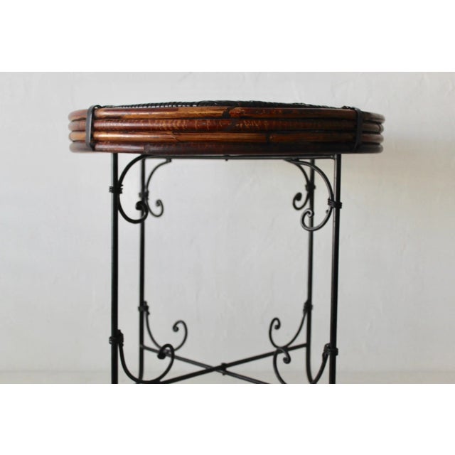 Mid-Century Modern Vintage Mid-Century Wicker Bamboo Side Table Scroll Base Detail For Sale - Image 3 of 12