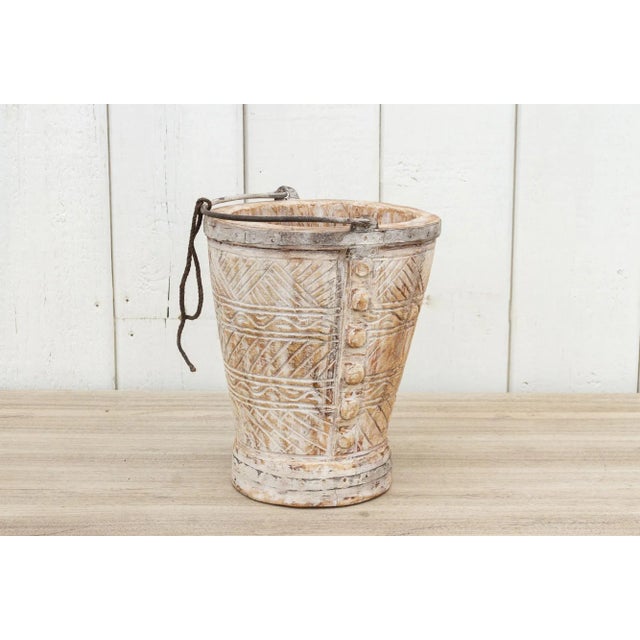 Rustic Whitewash Himachal Carved Bucket For Sale - Image 3 of 9