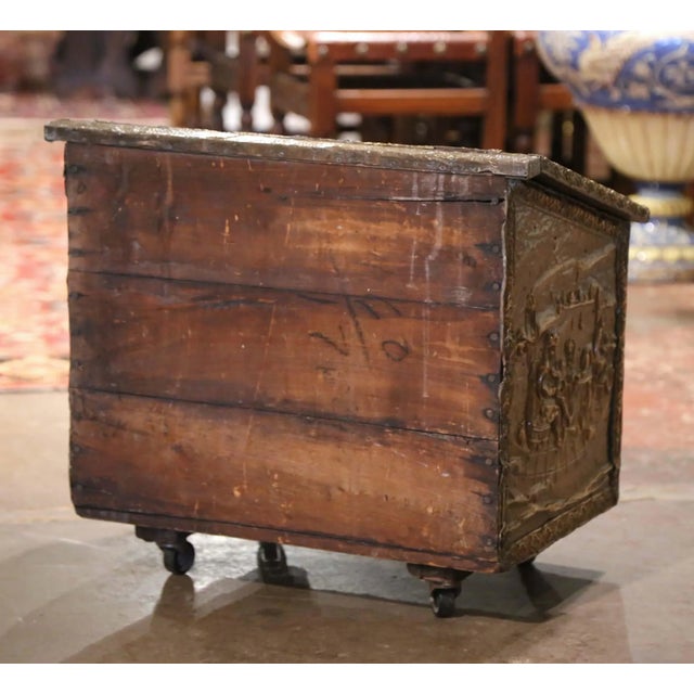 Brass Early 20th Century French Repousse Brass and Wooden Firewood Box on Wheels For Sale - Image 8 of 9