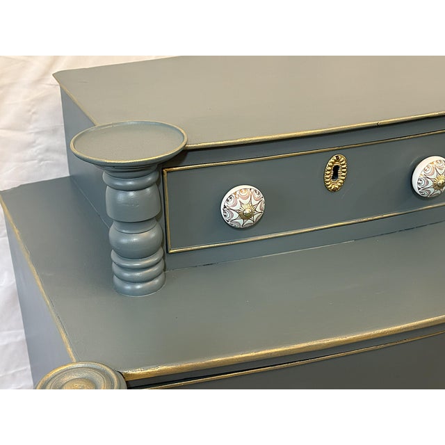 Antique Sheraton Style Bowfront Chest of Six Drawers With Locks and Key, New Paint and Knobs For Sale - Image 4 of 18
