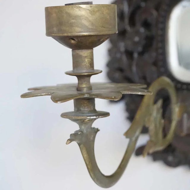 DETAILS This interesting, single antique sconce was found in Goa, India. The teak back is elaborately hand carved and...