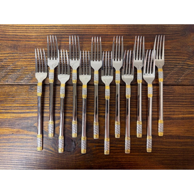 1990s Wallace Golden Corsica Gold Accent 18/10 Stainless Steel Flatware Set for 12, 64 Piece For Sale - Image 10 of 16