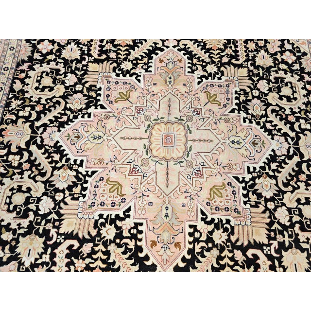 Fine Persian Tabriz Rug, Hand-Knotted Wool & Silk, Geometric Heriz Pattern, Black & Ivory, 7x10 For Sale - Image 16 of 17