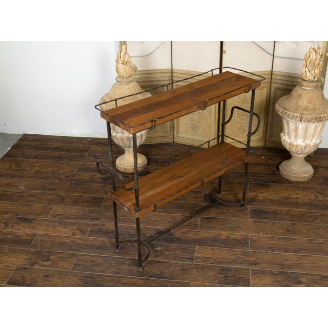 American Midcentury Metal and Wood Two-Tiered Shelving Unit with Twisted Motifs For Sale - Image 10 of 12