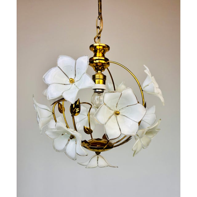 1980s Vintage Murano Style White Floral Globe Chandelier - Brass Finish For Sale - Image 5 of 15