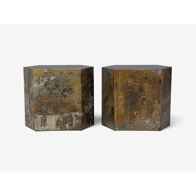 Metal Philip & Kelvin LaVerne, Rare Hexagonal Side Tables, Etched Brass, Usa, 1960s For Sale - Image 7 of 18