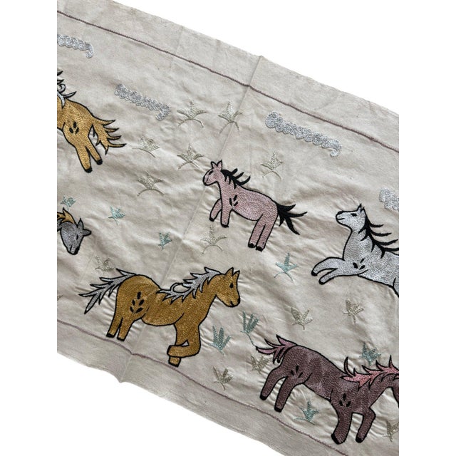 Mid-Century Modern Ten Horse Suzani Wall Hanging on Linen For Sale - Image 3 of 6