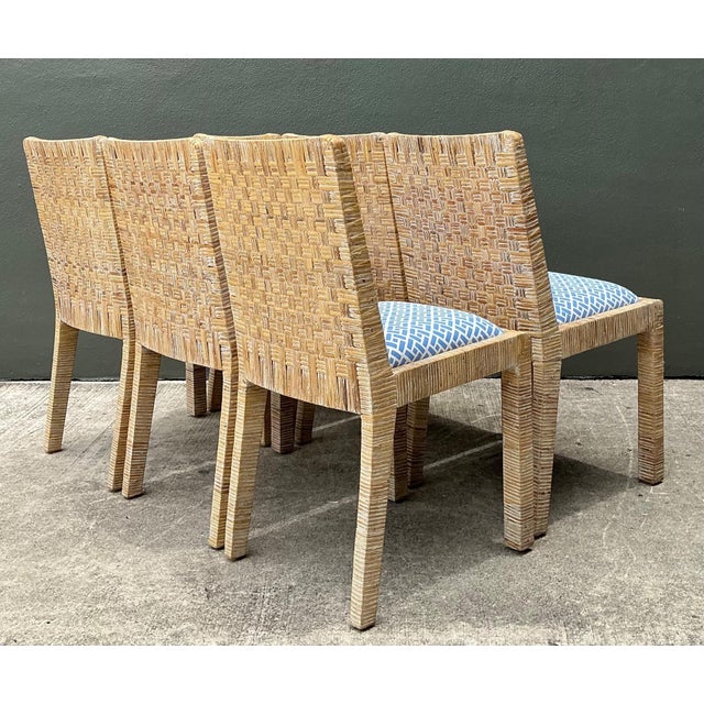 Vintage Woven Rattan Dining Chairs in Quadrille For Sale In West Palm - Image 6 of 18