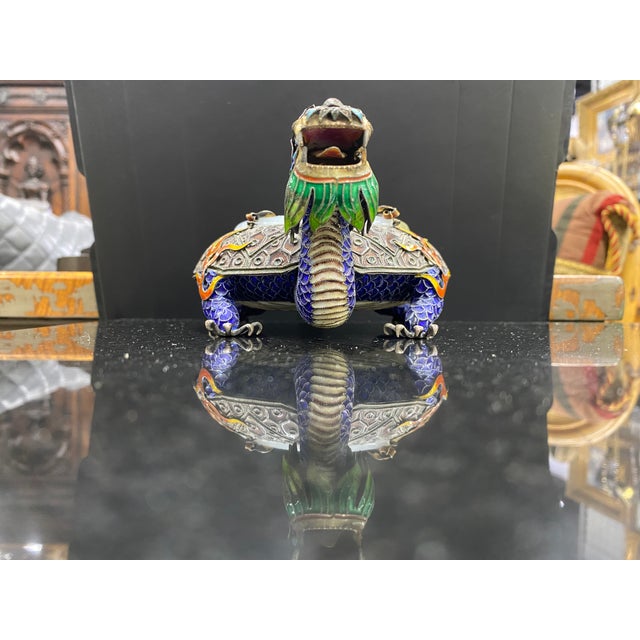 Metal 1920s Sterling Silver Enamel Dragon Cloisonné Ashtray Jade Rim For Sale - Image 7 of 8