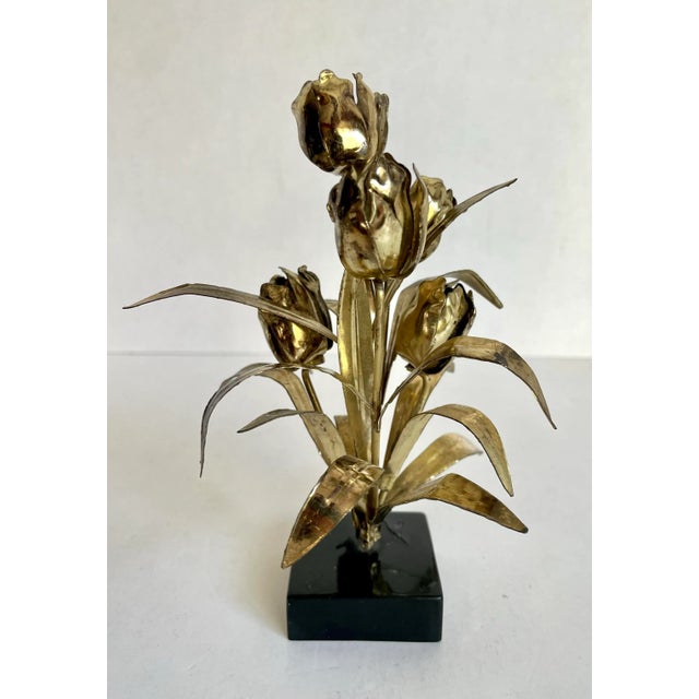Mid 20th Century Vintage Brutalist Petite Gold Metal Flower Art on Black Stand For Sale - Image 5 of 7