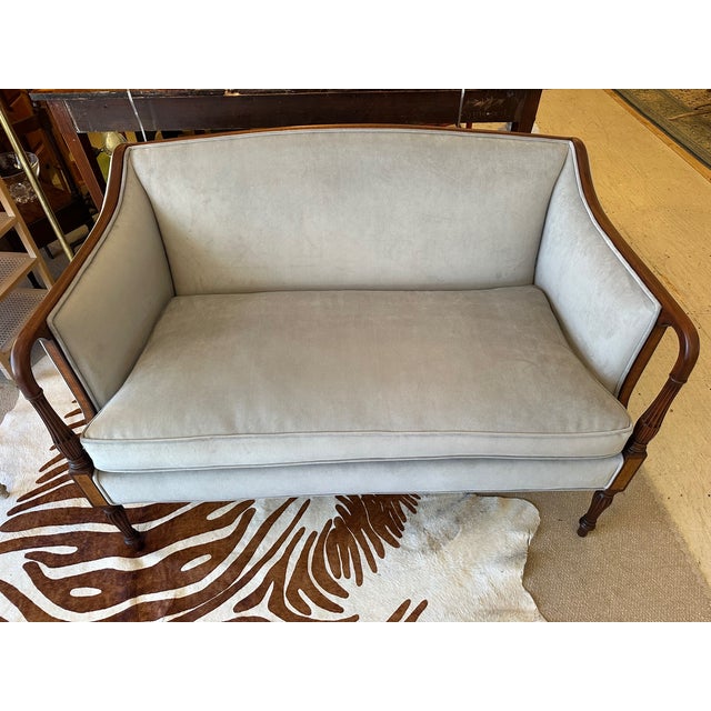 Gray Newly Upholstered Mahogany & Grey Velvet Settees Loveseats -a Pair For Sale - Image 8 of 14
