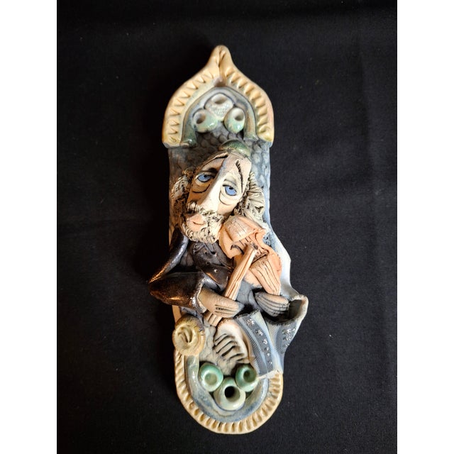 Vintage Israel Lombrozo Studio Ceramic Mezuzah Case Fiddler on Roof Clay Judaica For Sale - Image 4 of 12