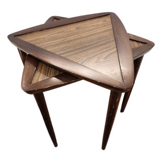 Vintage Lobeco Triangle Nesting Tables | Mid Century Modern Atomic Formica Tables | Set of 2 | Made in Romania For Sale