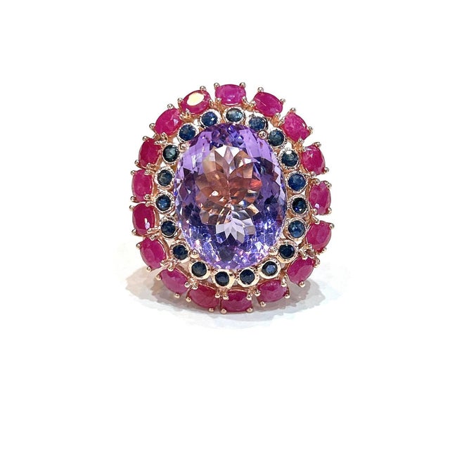 Gemstone Bochic “Capri” Vintage Ruby, Amethyst & Multi Sapphire Ring - 18K Gold & Silver For Sale - Image 7 of 11