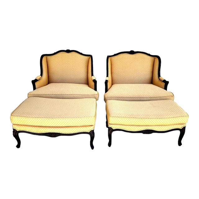 Pierre Deux Style French Country Provincial Bergere Lounge Chairs & Ottoman Pair For Sale