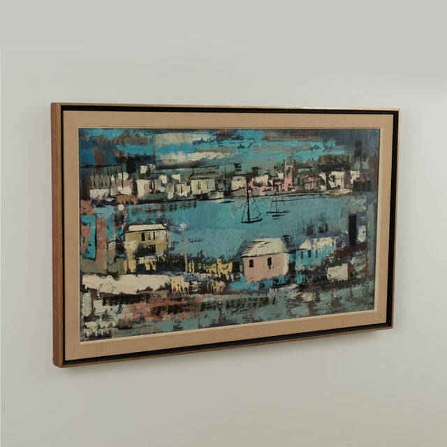 Transporting oil painting on board of a Bermuda bayscape with houses and boats, executed in a loose modern style. Signed...
