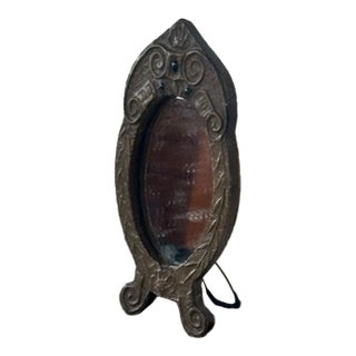 Antique French Repoussé Metal Table Mirror With Green Glass Accents, C. 1900–1930 For Sale