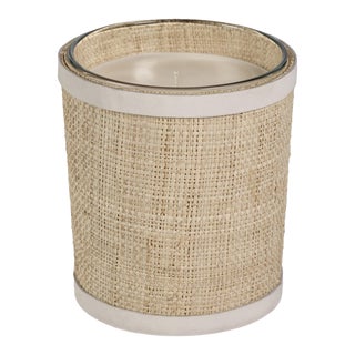 Sea Salt & Coastal Mist Scented Candle in Natural Raffia Basket w/ Leather Trim, 12 oz For Sale