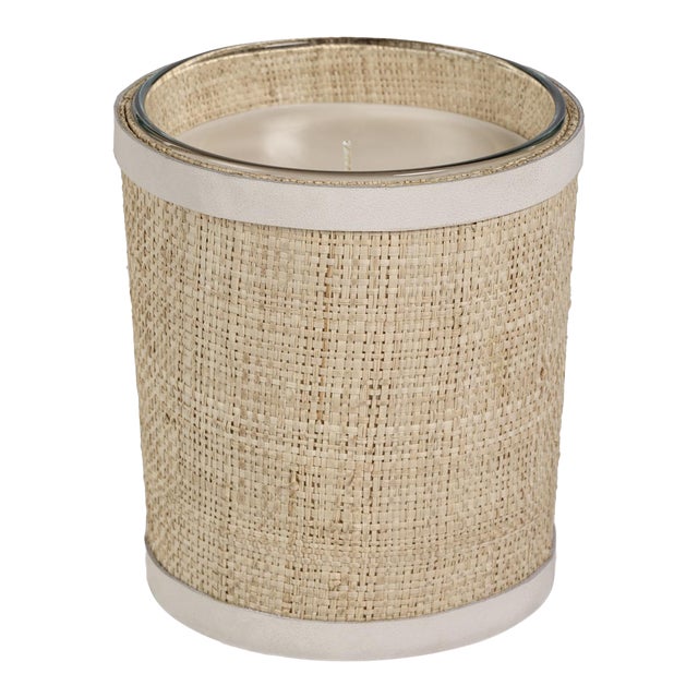 Sea Salt & Coastal Mist Scented Candle in Natural Raffia Basket w/ Leather Trim, 12 oz For Sale