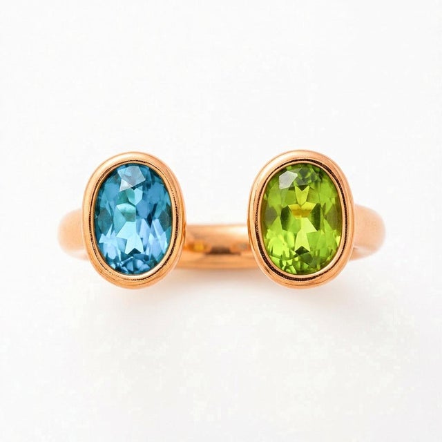 Toi et Moi Gemstone Ring: Topaz and Peridot. Perfect "You n I" Gold Birthmonth gemstones ring. Metal: 925 silver + 14k...