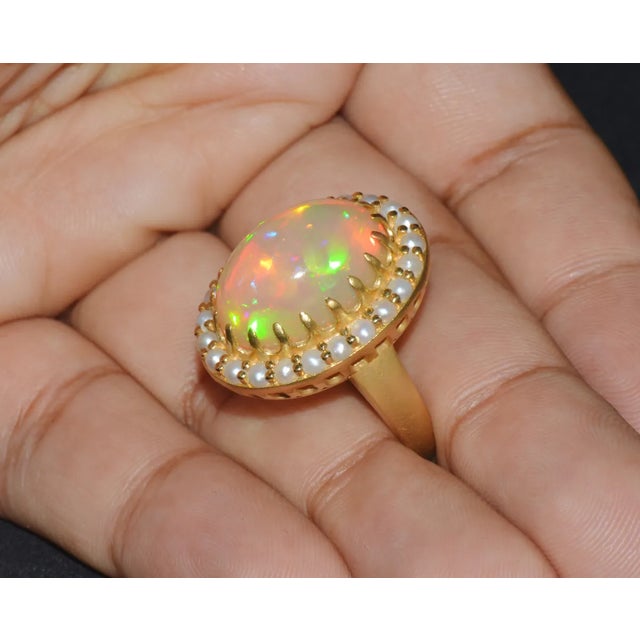 Green Certified Natural 13.78Cts Seed Pearl Opal Cocktail Halo Brushed 18K Solid Gold Ring, size 6.75 For Sale - Image 8 of 10