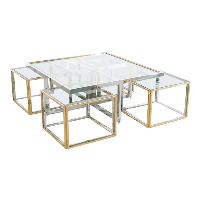 Maison Charles Style Brass / Chrome Glass Coffee Table & Nesting Tables, 60s 70s - Five Piece Set For Sale