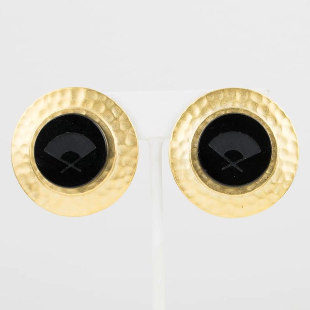 Gold Karl Lagerfeld Paris Gilt Metal Clip Earrings with Black Intaglio For Sale - Image 8 of 8