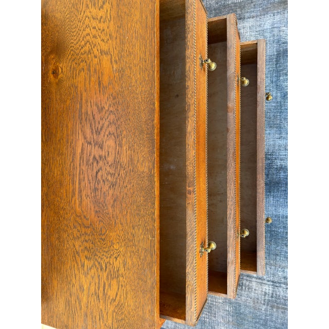 Brown Antique Oak Barley Twist Vanity / 3-Drawer Dresser on Casters With Beveled Swivel Mirror For Sale - Image 8 of 9
