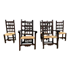 20th Century Vintage William and Mary Style Fruitwood Rush Seat Large Sized Dining Chairs. Set of 6