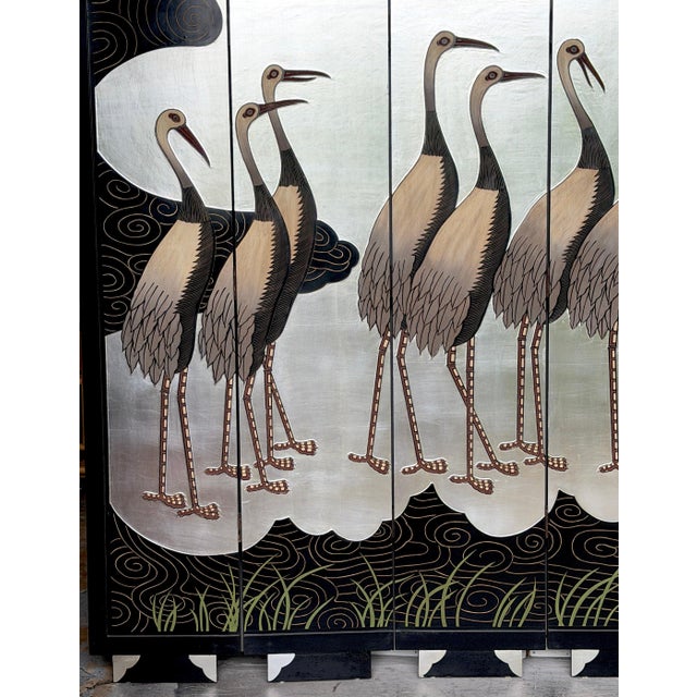 Art Deco Style Six-Panel Silver Leaf Crane Screen, Hong Kong, Circa 1980 For Sale In West Palm - Image 6 of 18