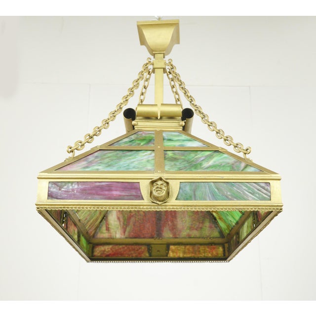 Mid 20th Century Arts & Crafts Figural Stained Glass Rectangular Brass Pendant Light For Sale - Image 4 of 14