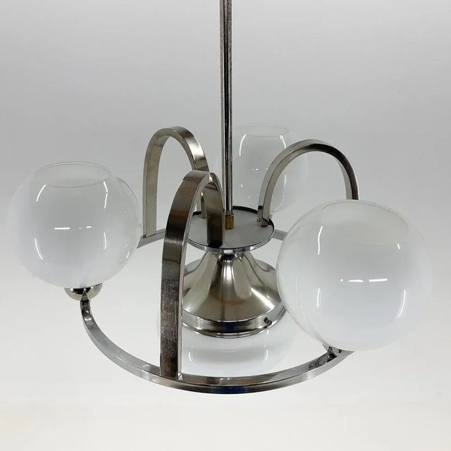 Art Deco Chrome & Milk Glass Chandelier, 1930s For Sale - Image 6 of 11