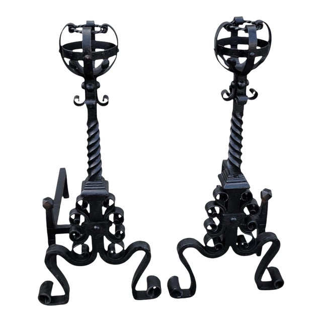 Pair of 1920s Wrought Iron Andirons Arts & Crafts Fireplace Antique For Sale