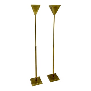 Mid-Century Modern Adjustable Brass Floor Lamps With Uplight- Pair For Sale