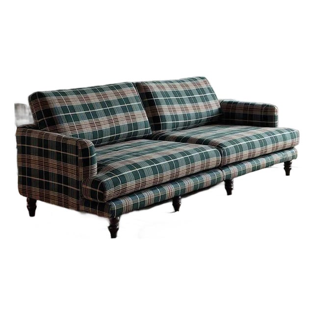 Vintage Plaid Fabric Sofa Classic Lounge Couch for Living Room, Designer South For Sale
