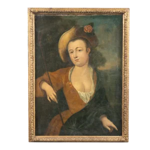 Original Oil on Canvas Portrait of Lady With Riding Crop, Sweden Circa 1700's
