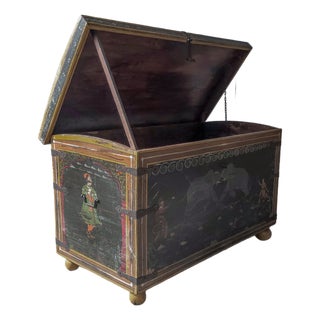 Huge Hand Painted 19th Century Indian Wedding Dowry Trunk For Sale