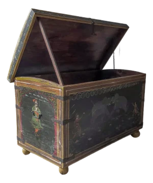 Huge Hand Painted 19th Century Indian Wedding Dowry Trunk