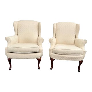Pair of Late 20th Century Queen Anne Style Upholstered Wingback Armchairs by Key Citi For Sale