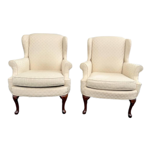 Pair of Late 20th Century Queen Anne Style Upholstered Wingback Armchairs by Key Citi