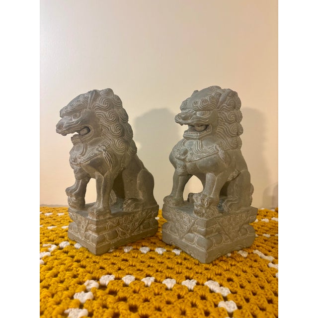Asian Vintage Hand Carved Stone Foo Dogs Guardian Lions, Pair, Asian Garden Sculptures For Sale - Image 3 of 8