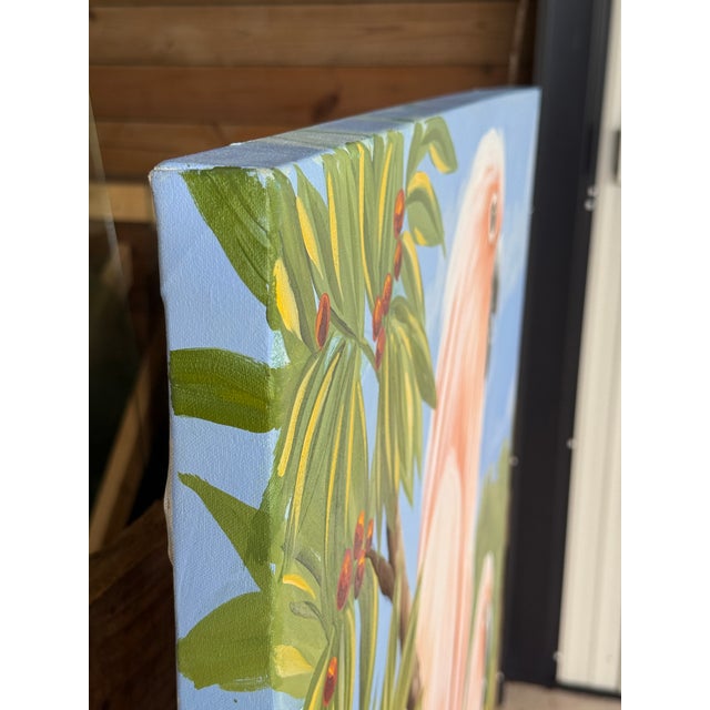 Pink Monumental Vintage Coastal Tropical Unsigned Cockatoo Painting For Sale - Image 8 of 12