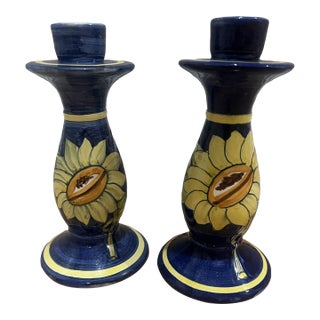 Vintage Italian Ceramic Sunflower Candlesticks -Pair For Sale